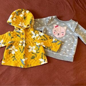 Yellow Floral Baby Jacket and Gray pink cat sweater.
